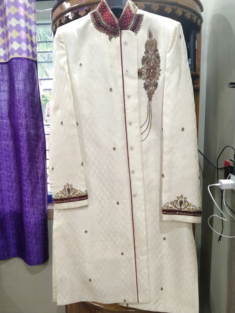 OFF WHITE GROOM SHERWANI WITH MAROON PAJAMA SET