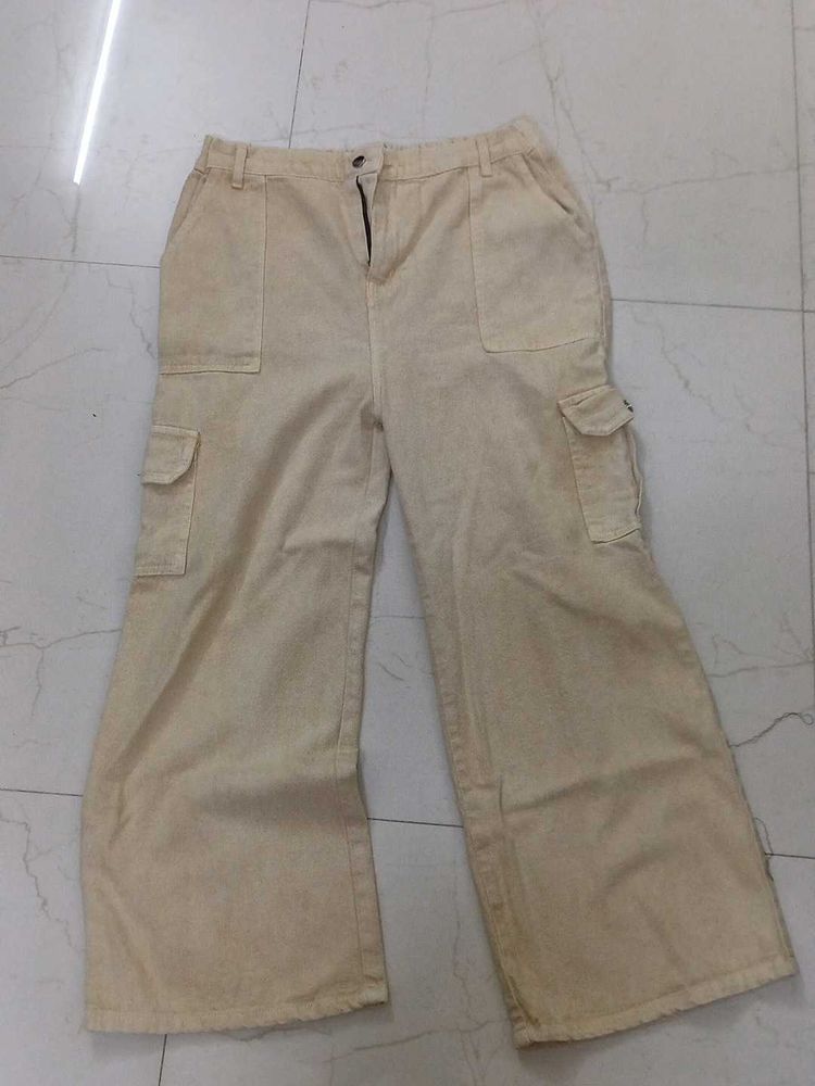 Beige Wide Leg Cargo Pants