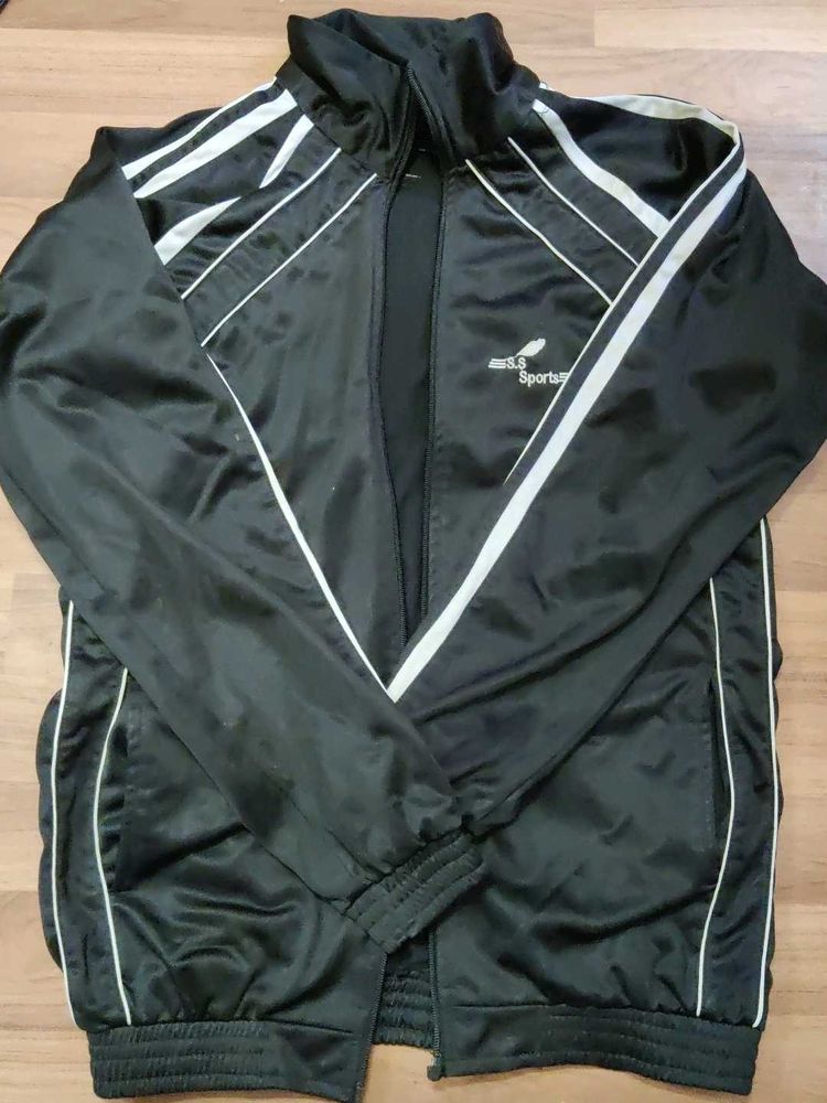 Black Track Jacket with White Stripes