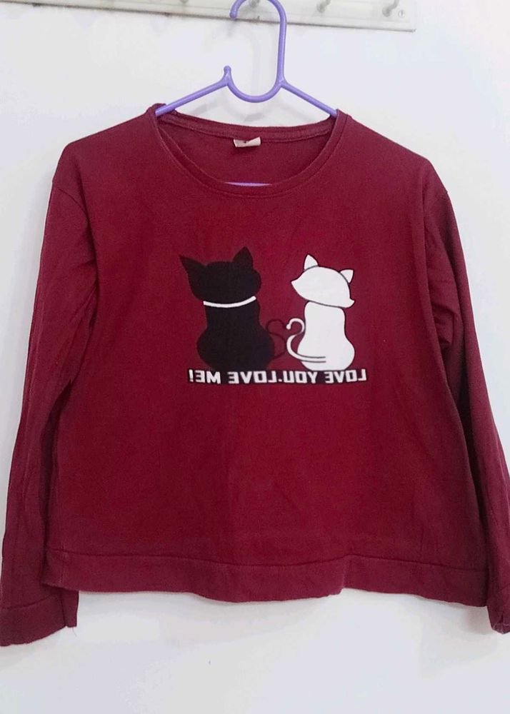 Cat Designed Maroon Top For Womens