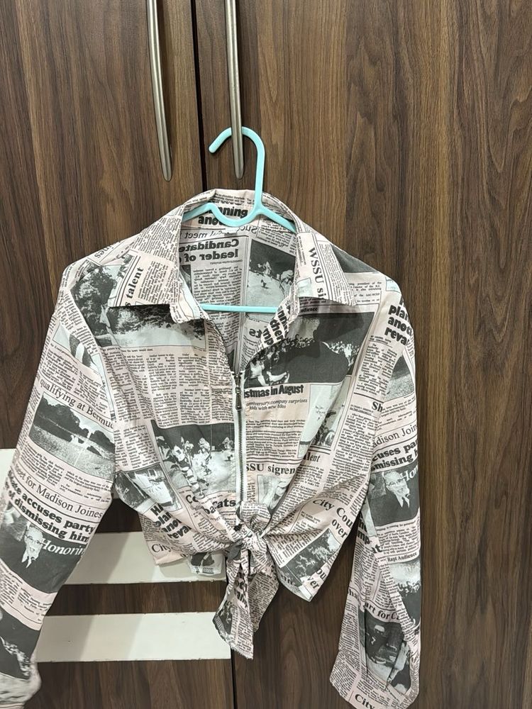 Newspaper Print Tie-Front Top