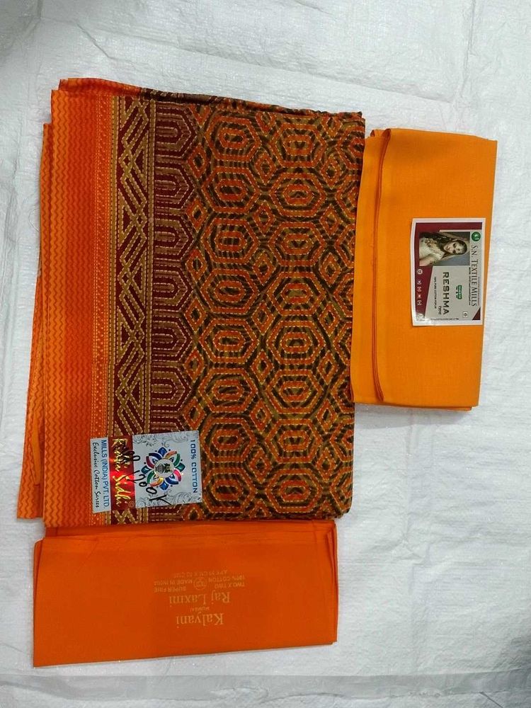 Orange Cotton Saree Fabric With Blouse &amp; Peticot