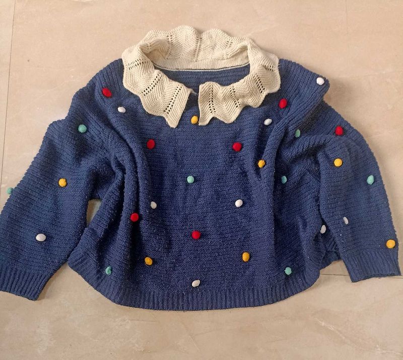 Cute Blue Pom-Pom Sweater