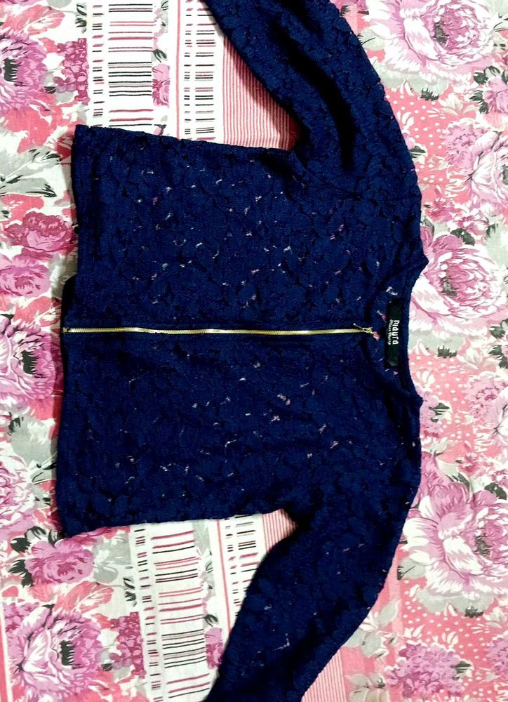 Navy Blue Lace Zip-Up Jacket