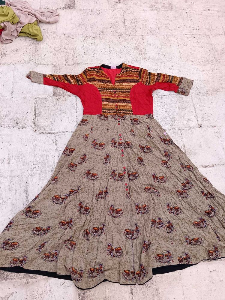Printed Red &amp; Beige Kurta