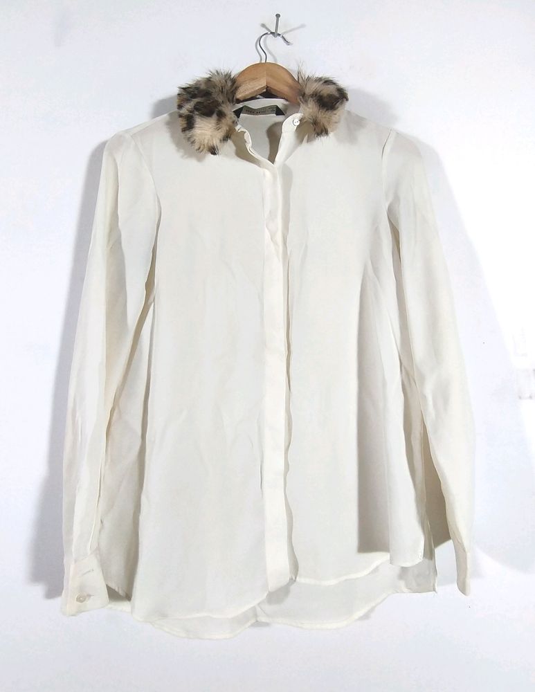 Zara White Blouse with Fur Collar
