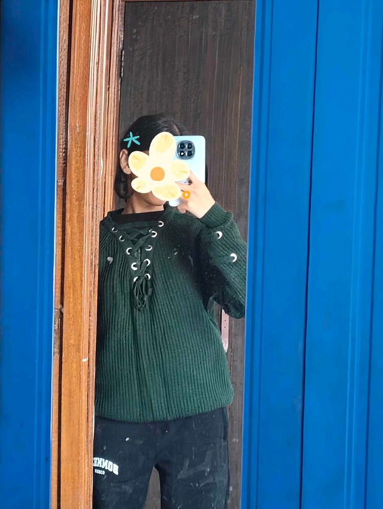 Green Lace-Up Detail Sweater