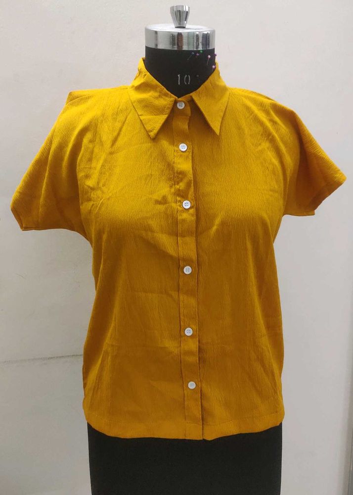 Women Mustard Spread Collar Short Sleeve Shirt