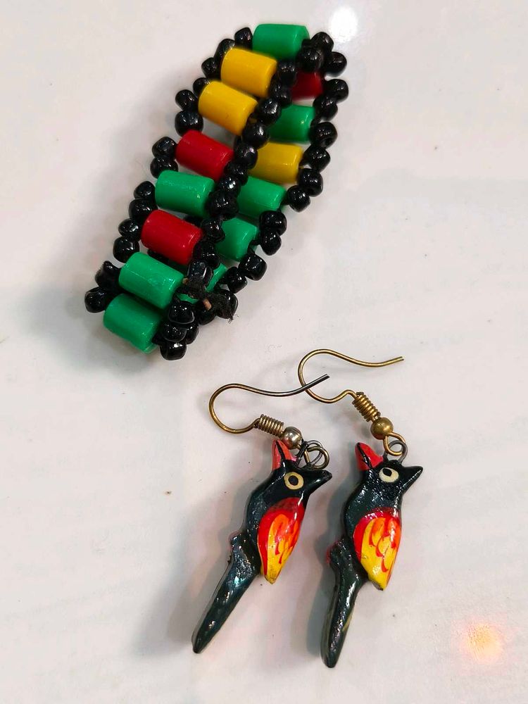 wooden Bird Earrings , Bracelet