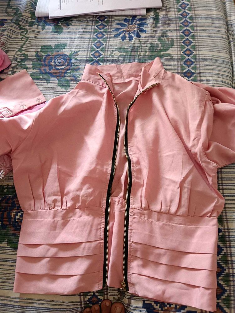 Pink Pleated Bomber Jacket