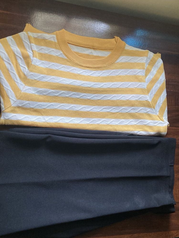 Striped Top &amp; Black Pants Set