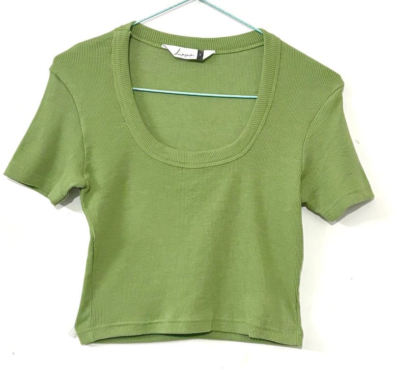 Green Ribbed Scoop Neck Top