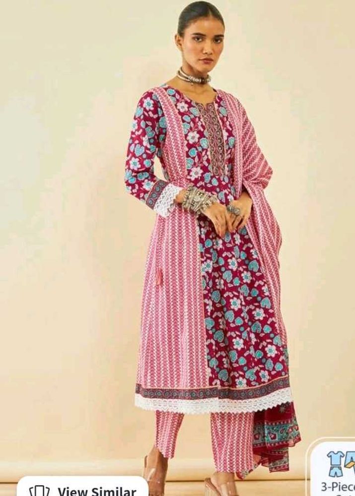 Floral &amp; Striped 3-Piece Salwar Kameez