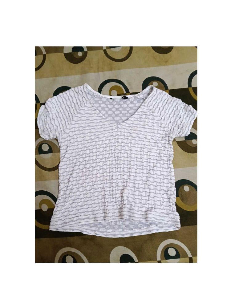 White Textured Short Sleeve Top