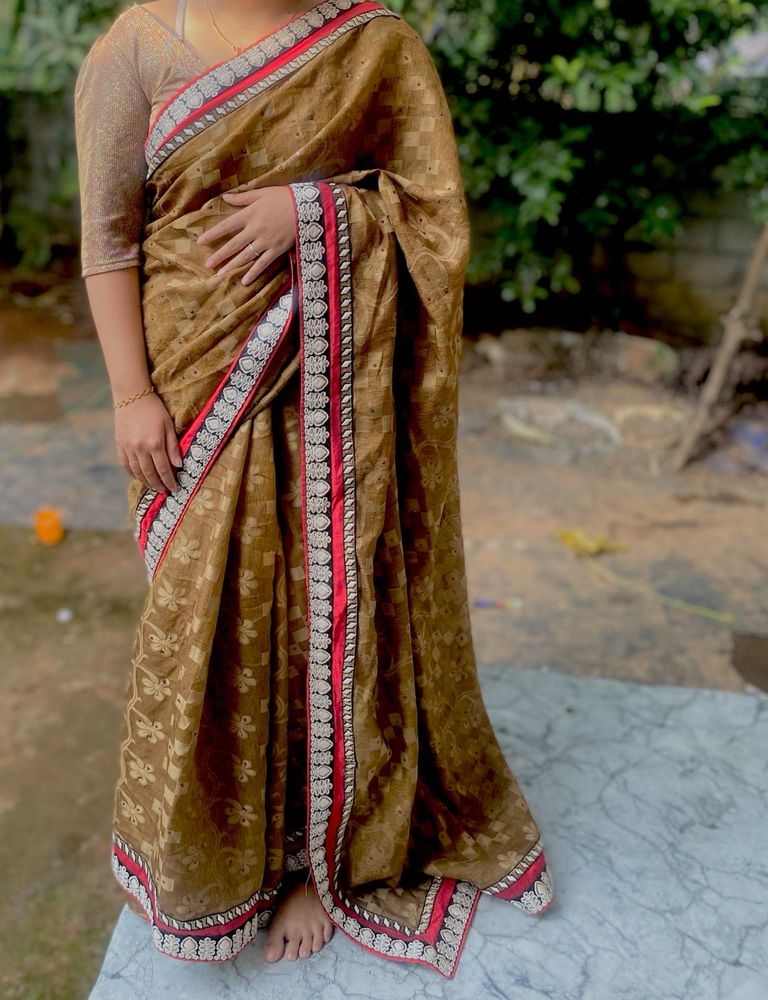 Elegant Brown Saree with Red Border