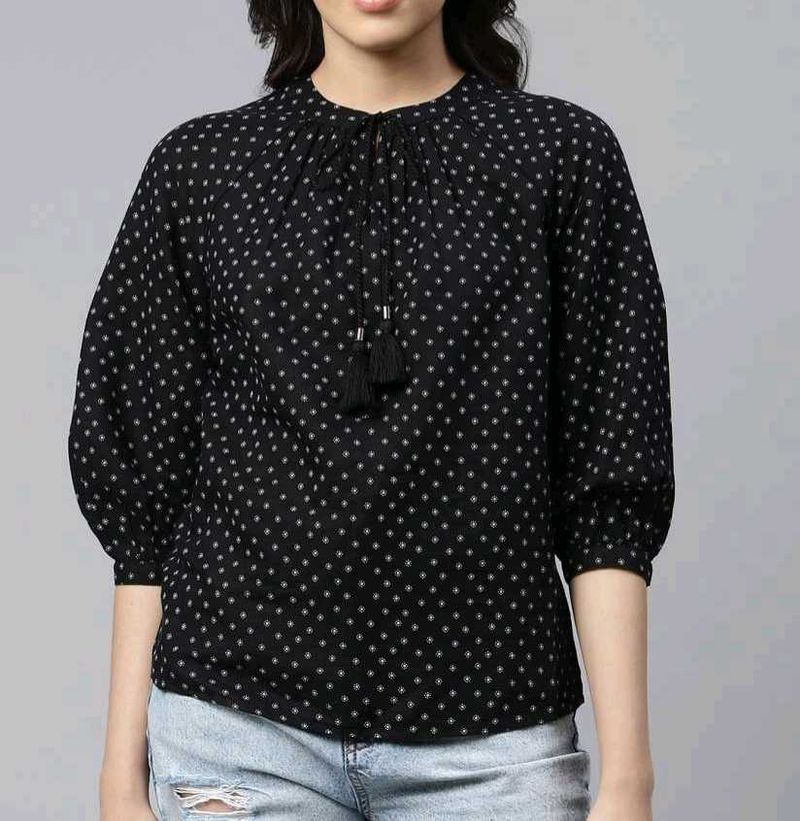 Black linen cotton floral print tie-up neck town
