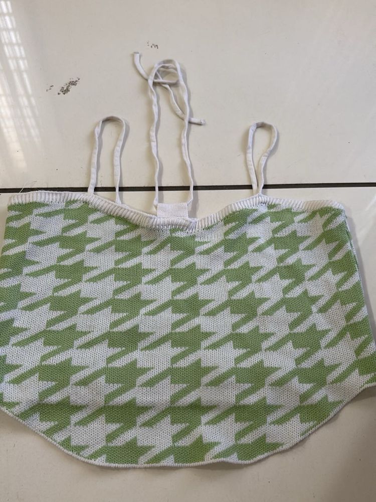 Green Houndstooth Knit Crop Top