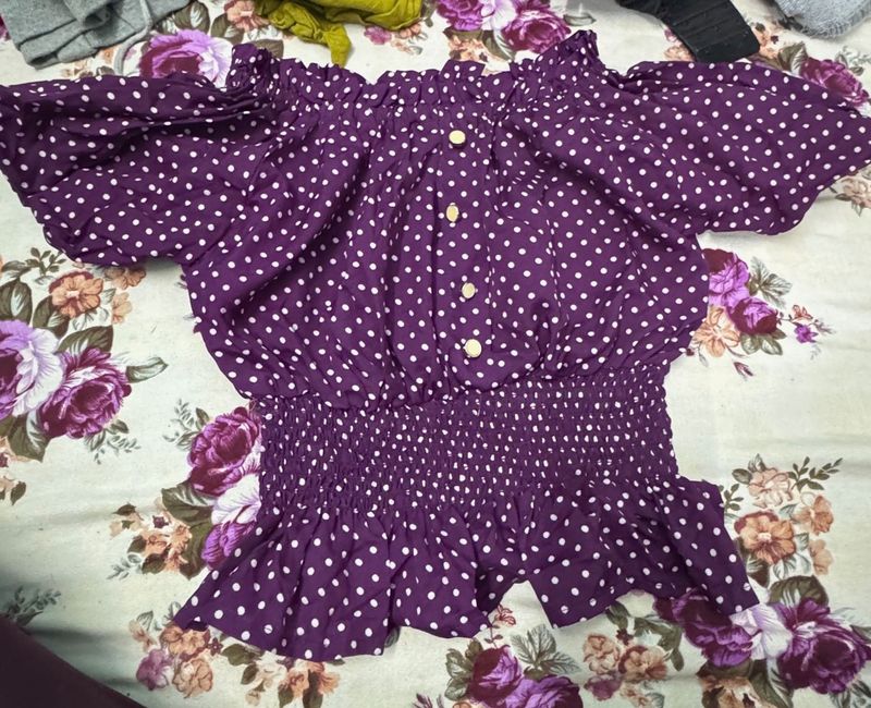Purple Polka Dot Off-Shoulder Top