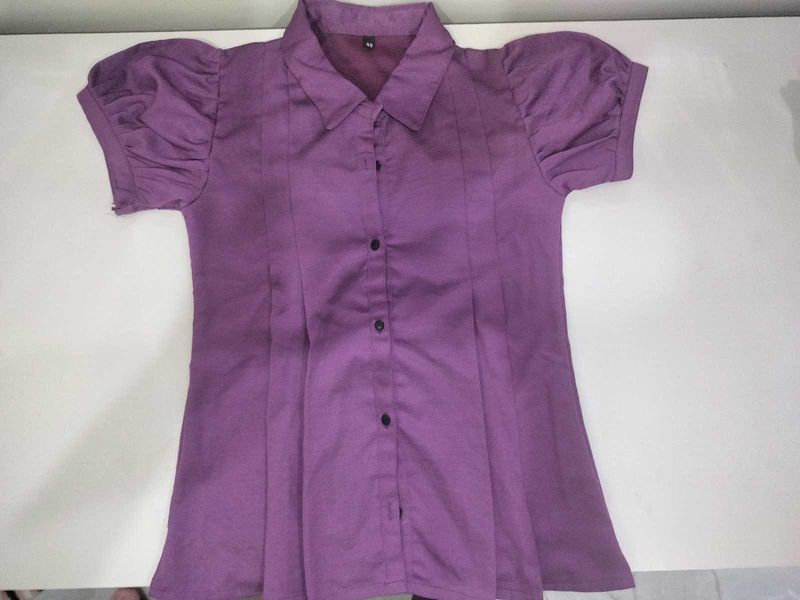 Purple Puff Sleeve Button-Up Top