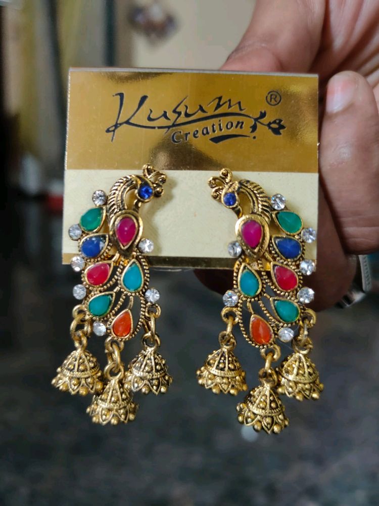 Multi Colour Stones Peacock Earring