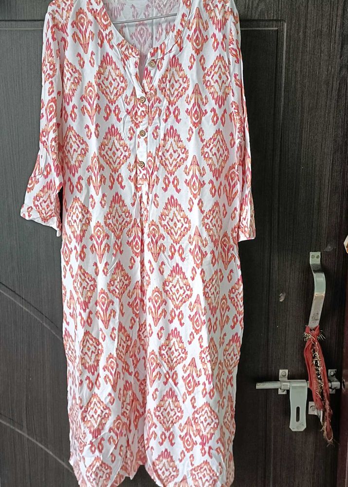 White &amp; Orange Printed Kurta