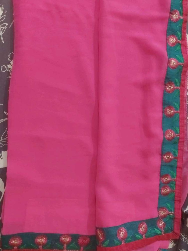 Magenta Saree &amp; Blouse with Blue Floral Border