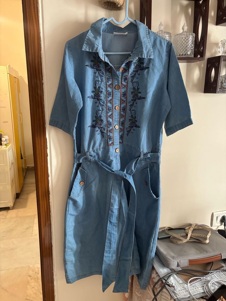 Embroidered Denim Dress with Belt