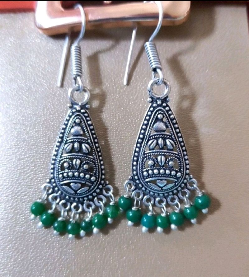 🆕️ Oxidised Earring With Green Beads