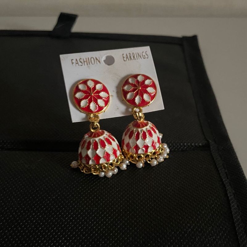 Red &amp; White Jhumka Earrings ❤️🤍🥰
