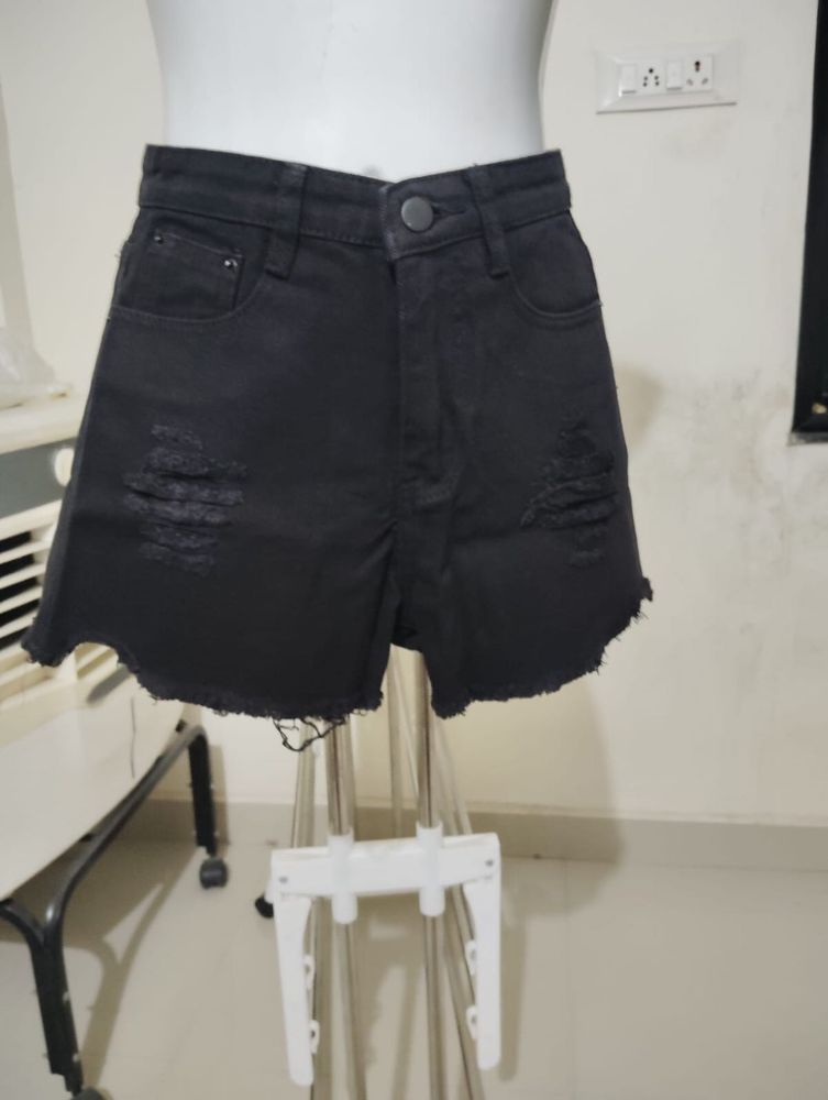 Distressed Black Denim Shorts