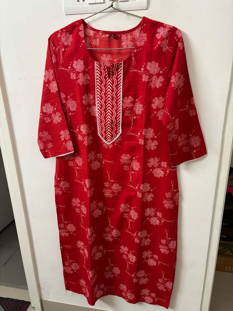Red Floral Print Kurta
