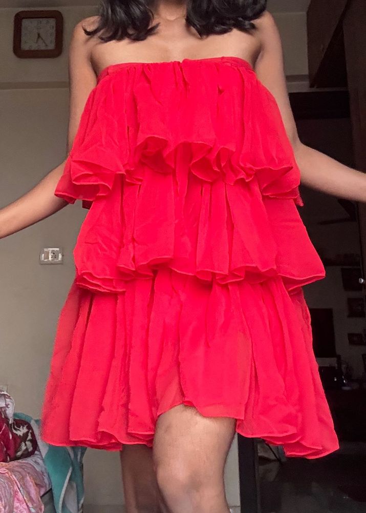 Red Ruffled Strapless Mini Dress