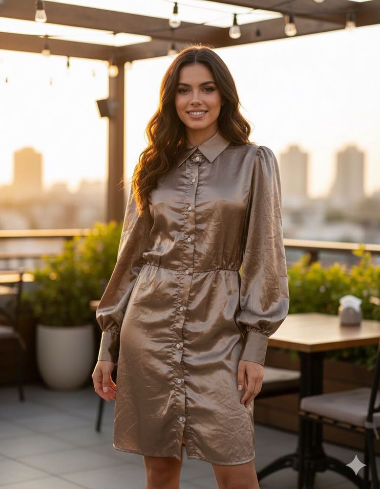 Versia Branded Silk Golden Shirt Dress