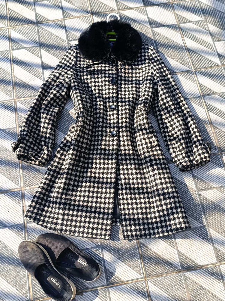Houndstooth Coat🦓 Faux Fur Collar