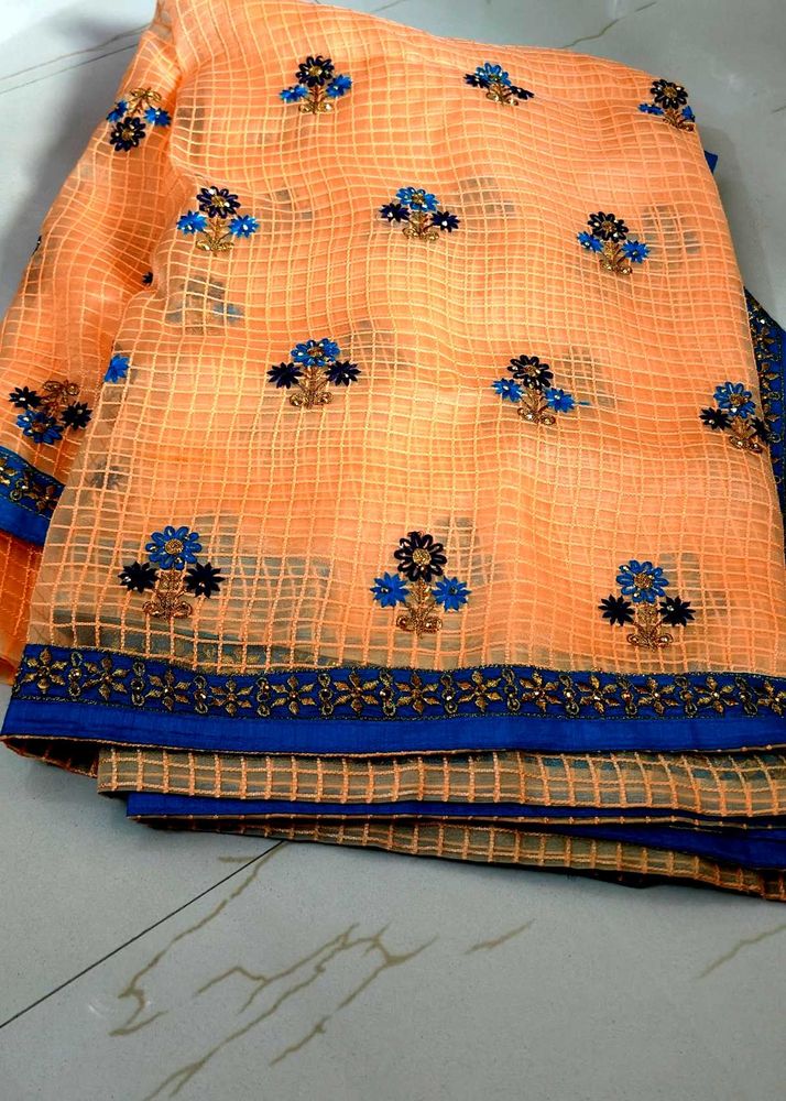 Peach Embroidered Organza Saree