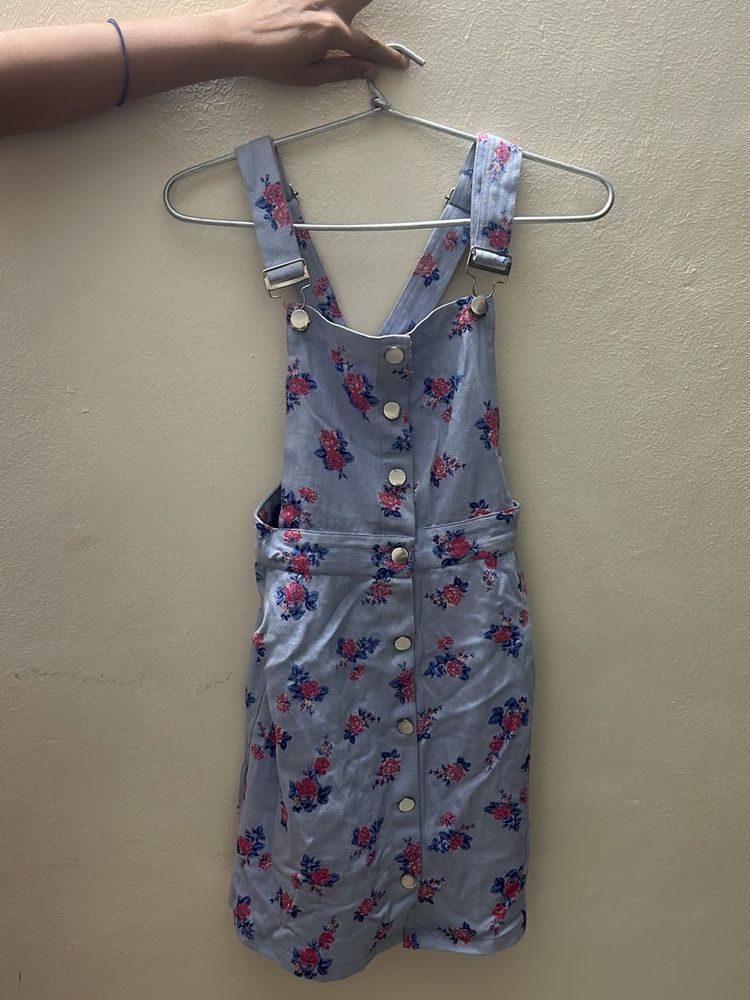 Floral Denim Overalls Dress