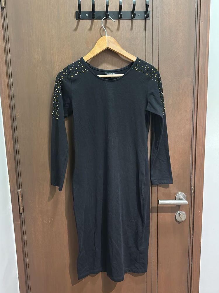 Black Bodycon Dress with Gold Studs – Size S