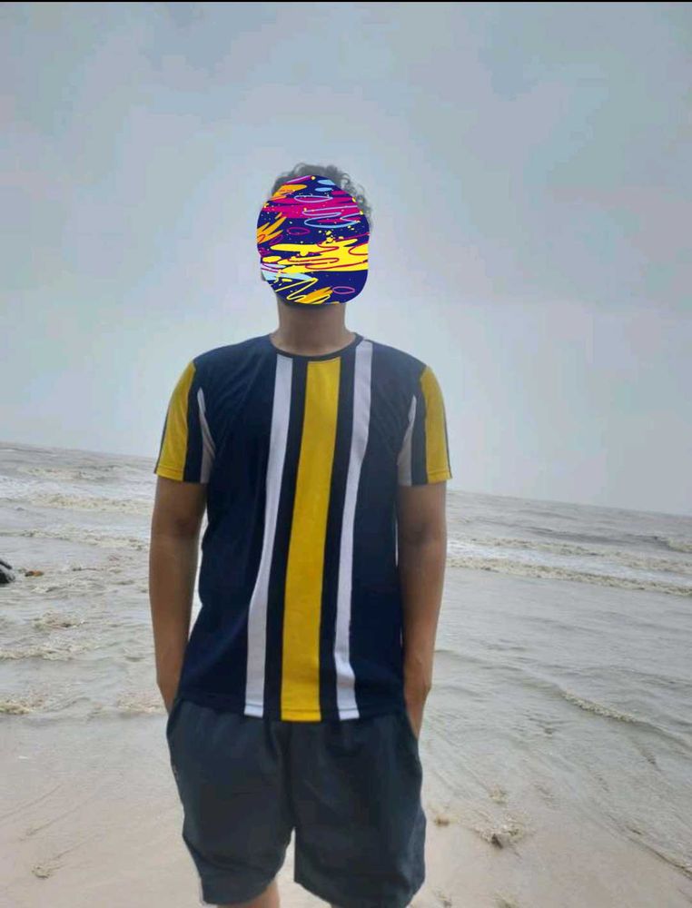 Stylish Navy Blue &amp; Yellow Striped Casual T-Shirt