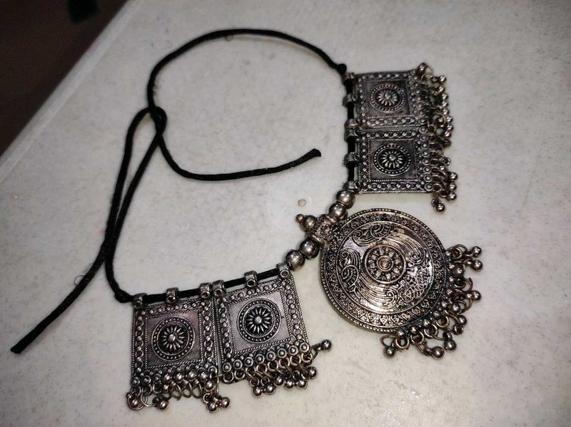 navratri Silver Statement Necklace