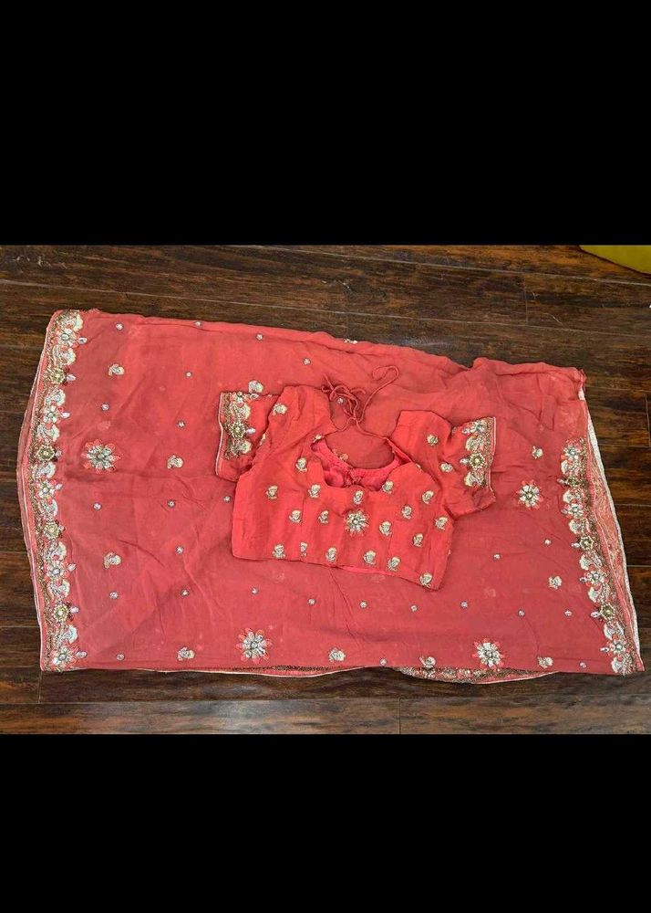 Coral Embellished Saree with Blouse