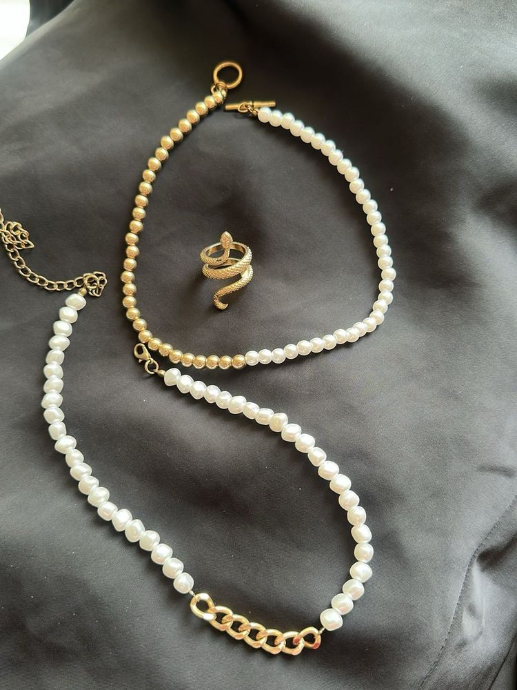 pearl chain and snake ring