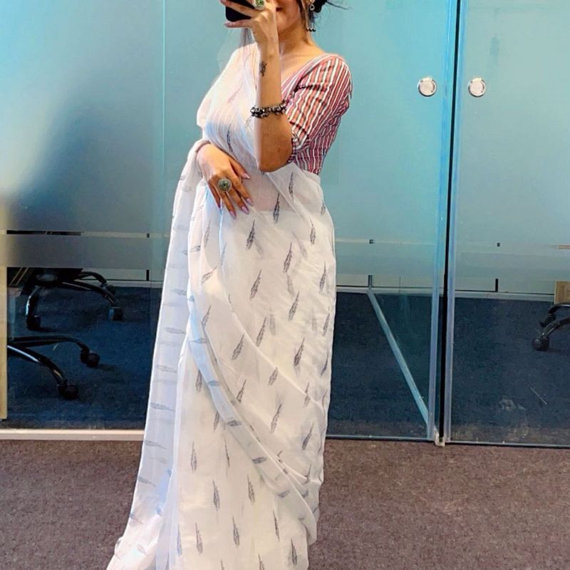 Elegant White Printed Saree Ready To Wear