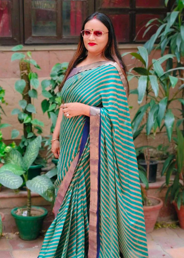 Peticoat attached Ready to wear Striped Green Sare