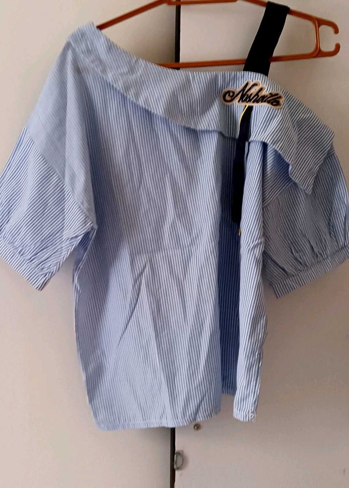 Blue Striped One-Shoulder Top