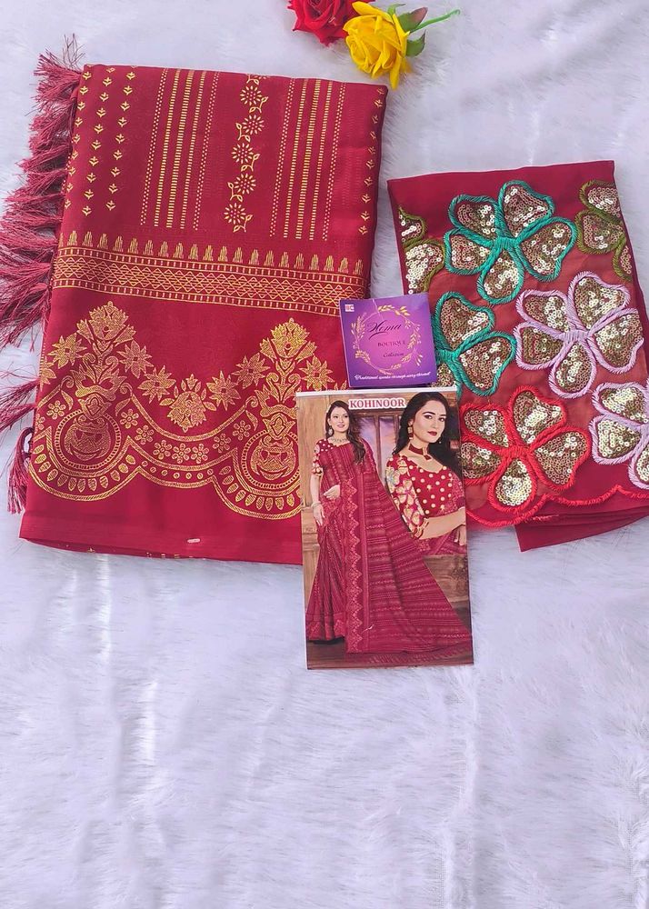🎉Trending Geogette Golden Foil Work Saree,Blouse