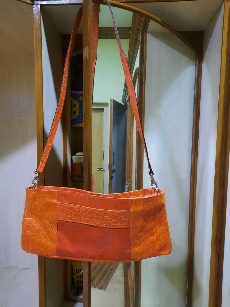 Vintage Orange Croc Embossed Shoulder Bag