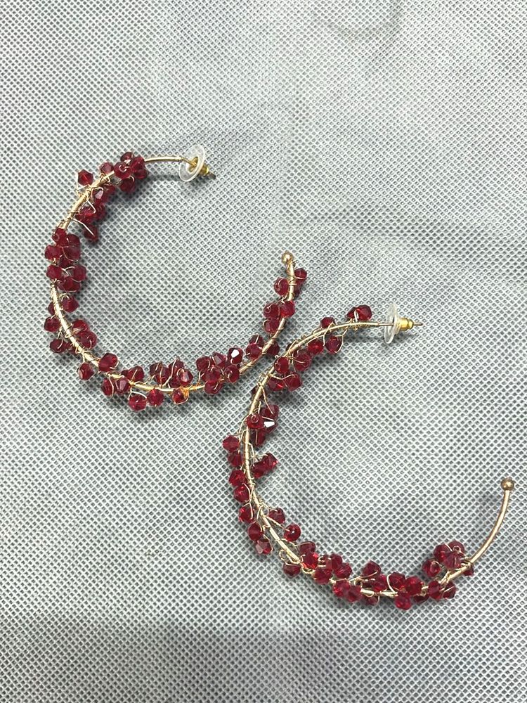 Red Beaded Hoop Earrings