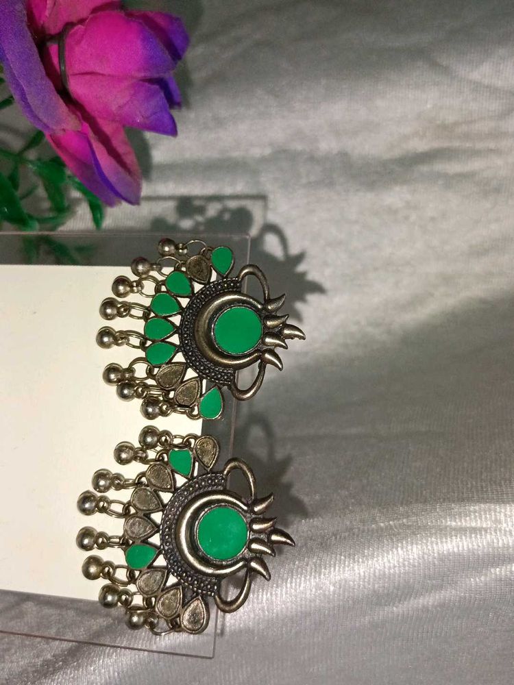 Green &amp; Silver Statement Earrings