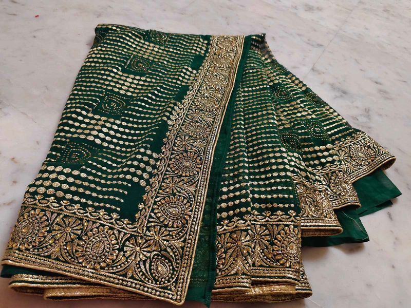 Green &amp; Gold Embellished Saree