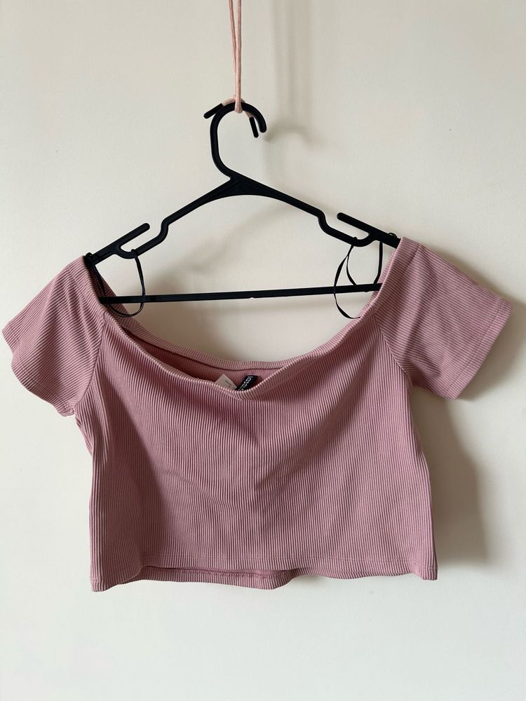 Pink Ribbed Off-Shoulder Top